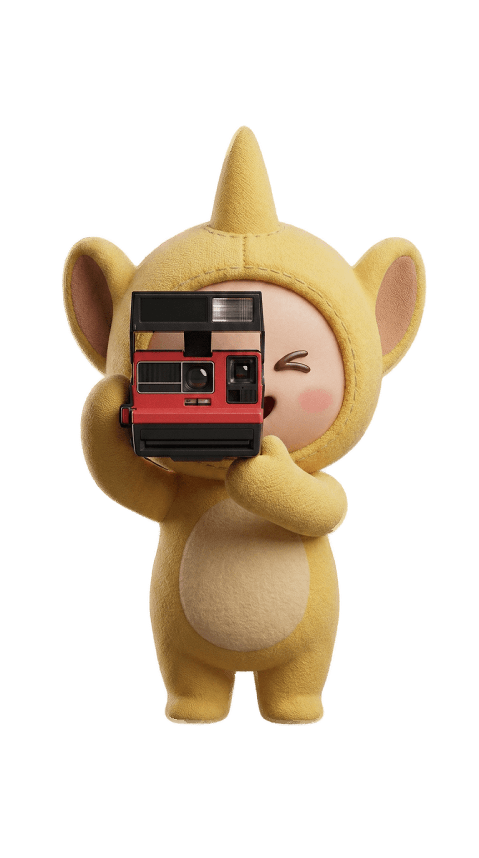 Vibeo, the VibeBooth mascot, taking a photo with a camera